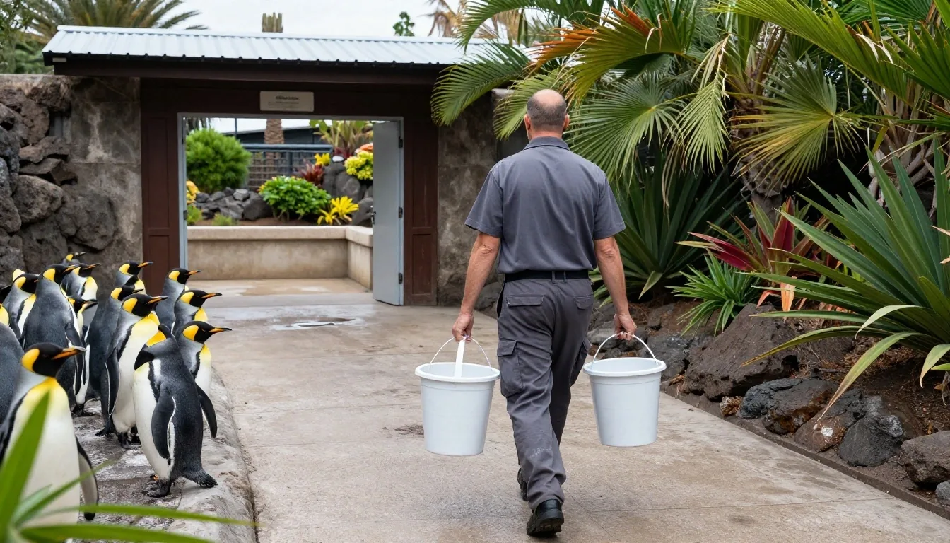 Cuidador con bandeja de alimentación en un sendero de servicio