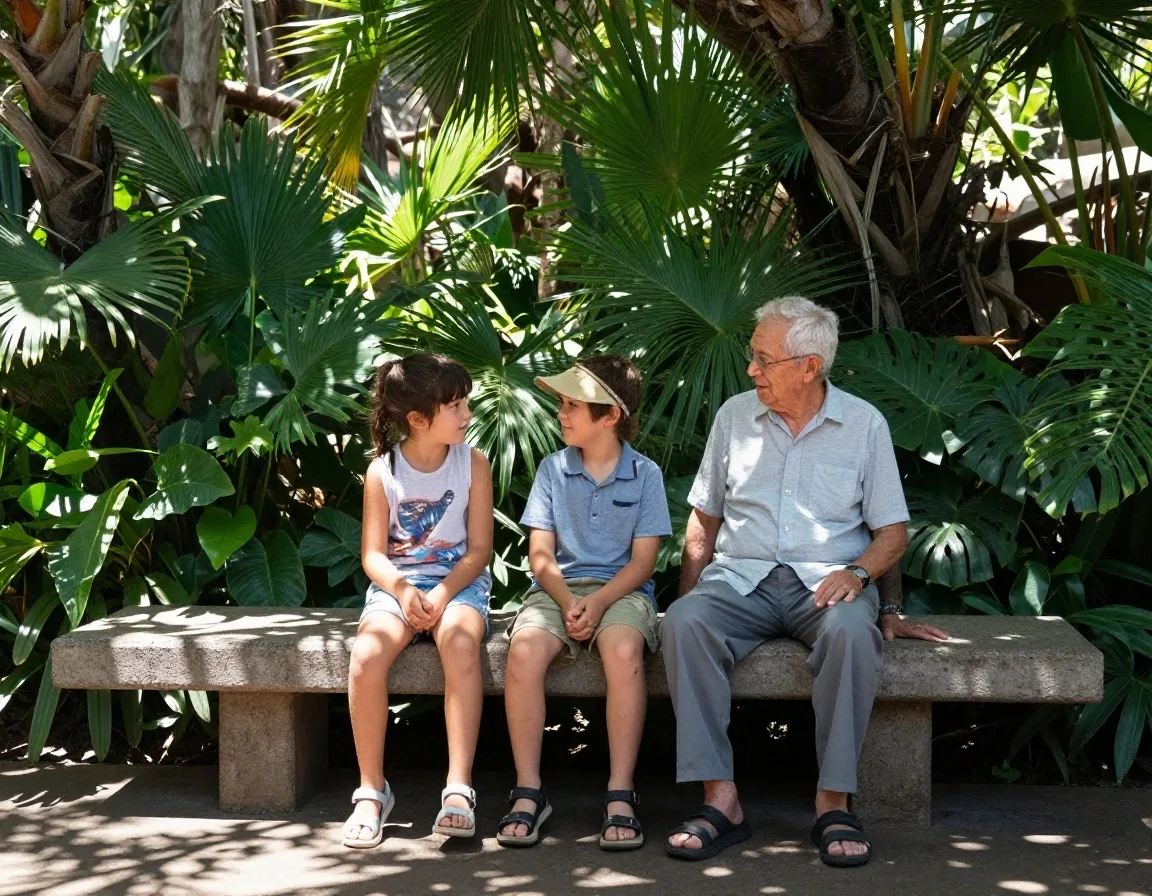 Familia descansando en un banco de sombra dentro del parque