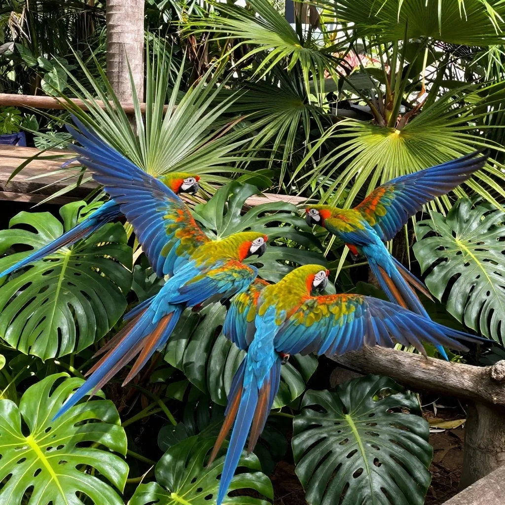 Guacamayos rojos y azules volando sobre un sendero tropical del aviario