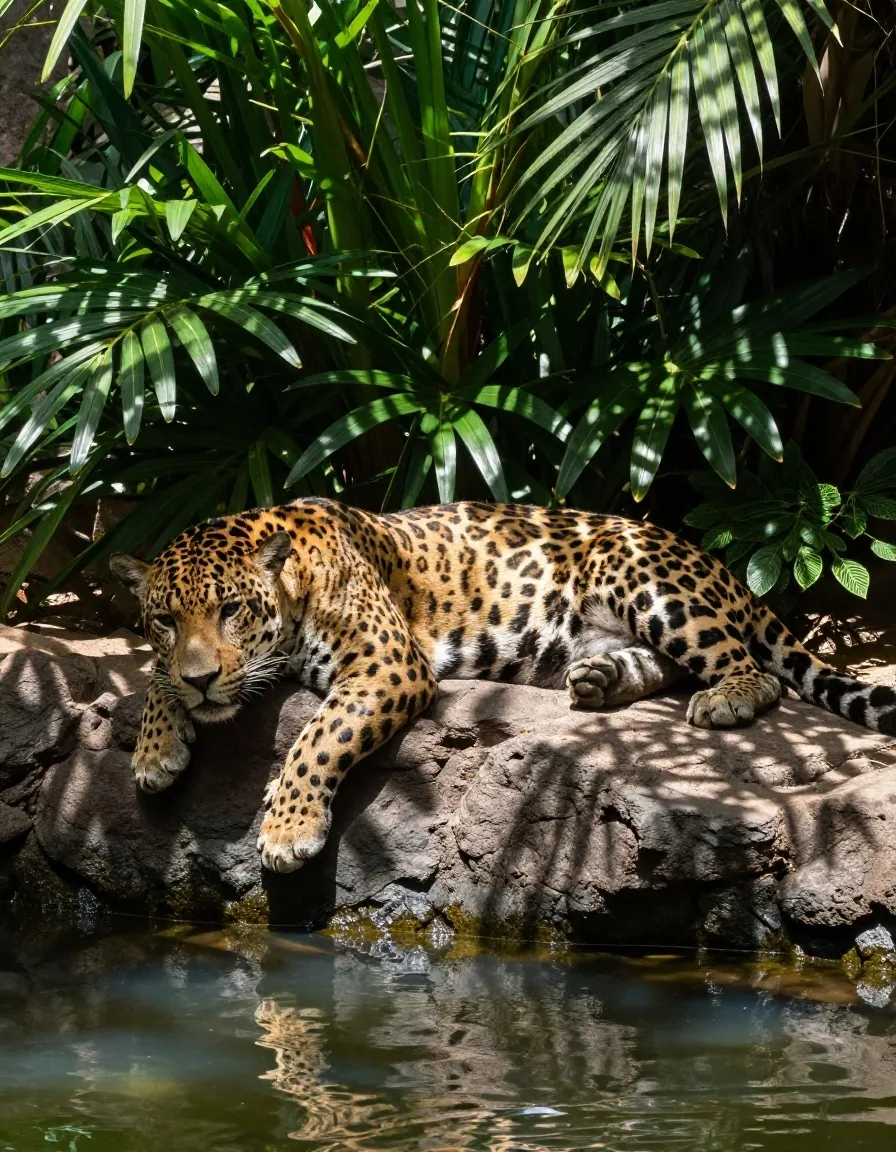 Jaguar descansando sobre una roca entre vegetación tropical con una pequeña poza delante
