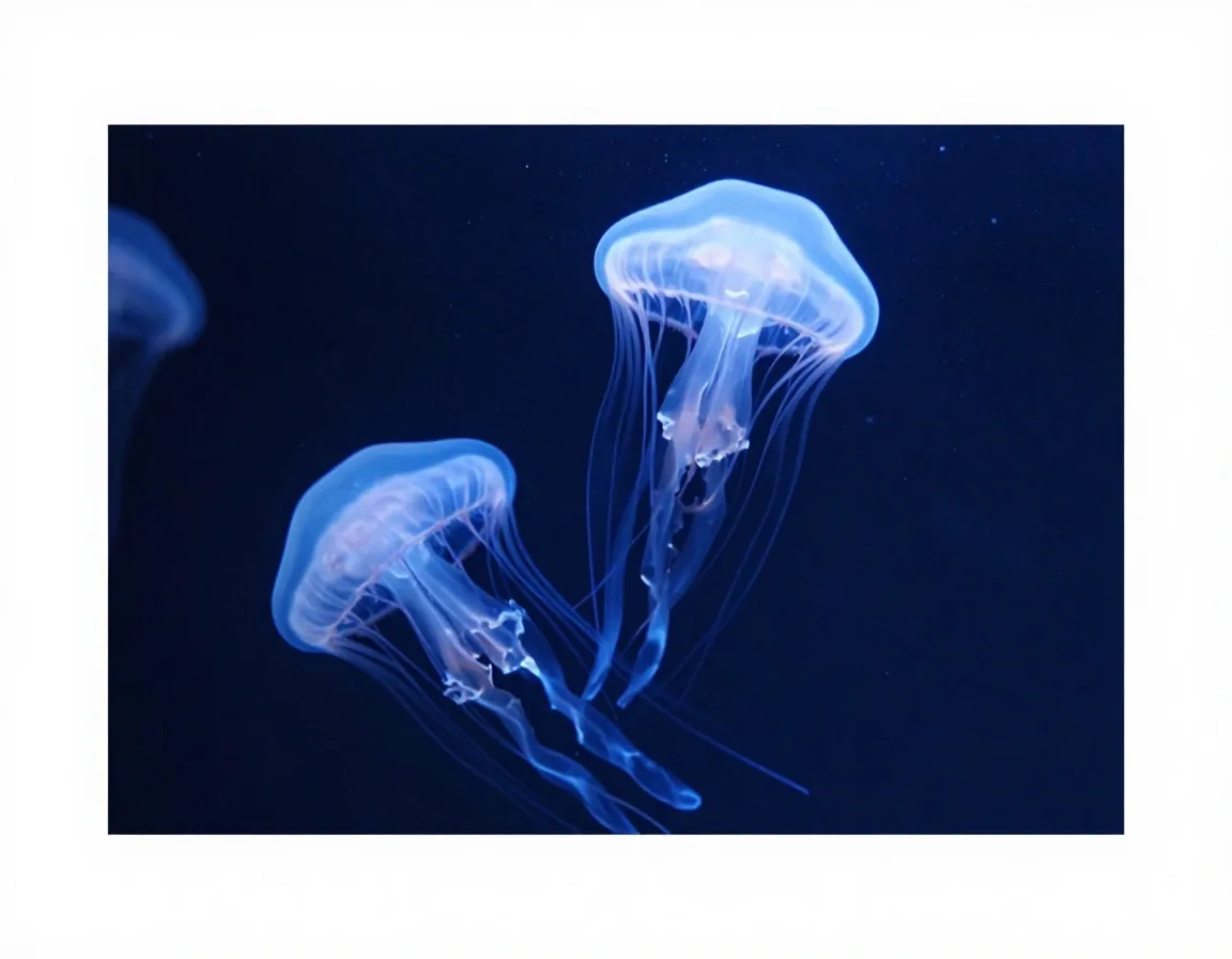 Medusas translúcidas flotando en la sala a oscuras del acuario con luz suave