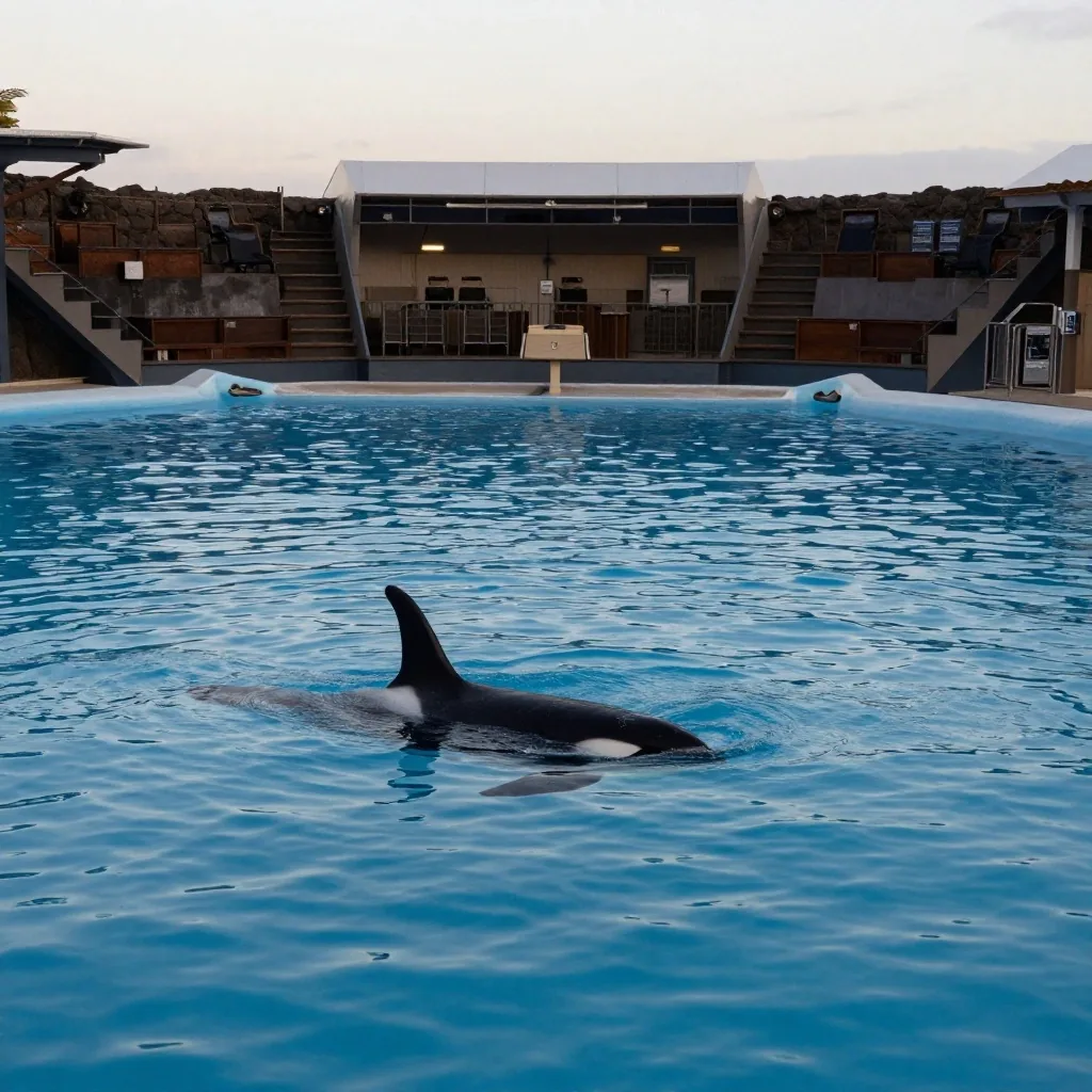Orca nadando despacio tras el cristal de observación del recinto