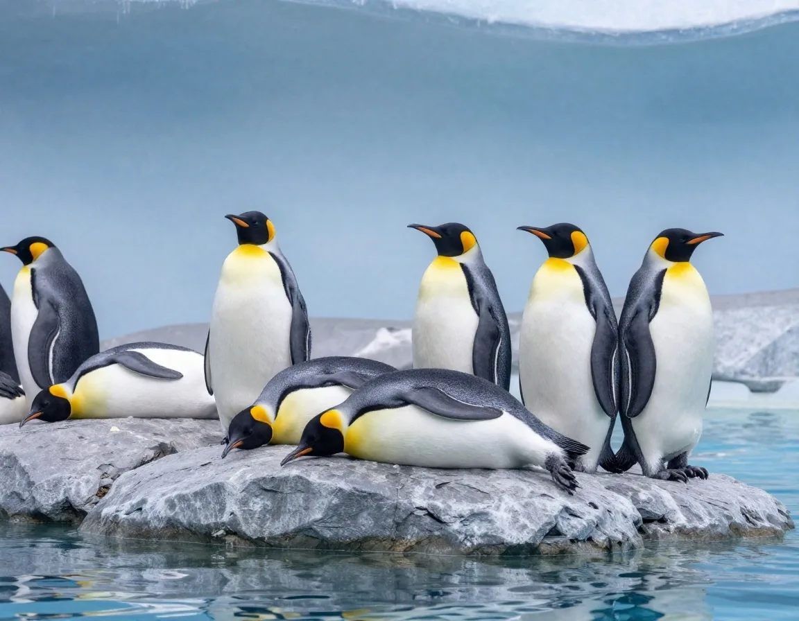 Pingüinos rey y papúa sobre roca gris junto al agua fría del recinto Planet Penguin