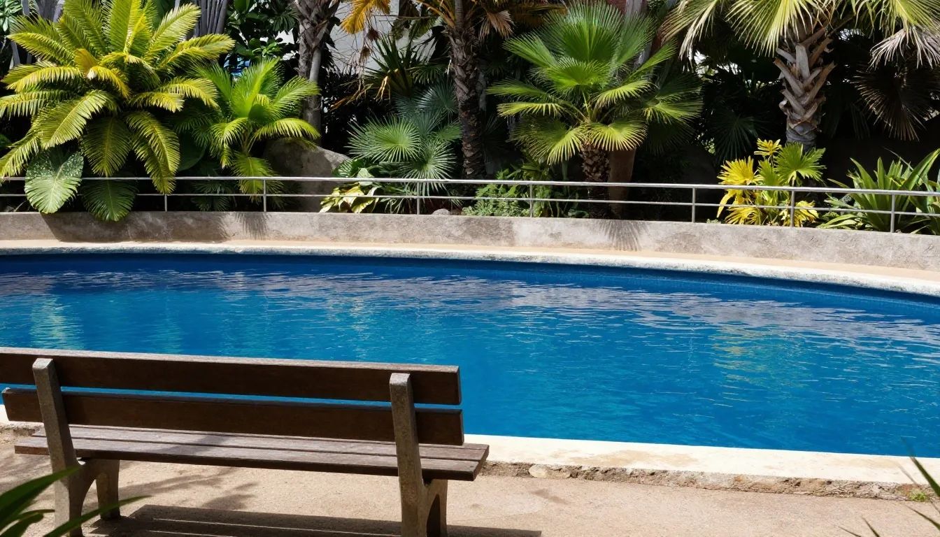 Piscina marina del parque al mediodía con agua azul profundo y estructura de hormigón