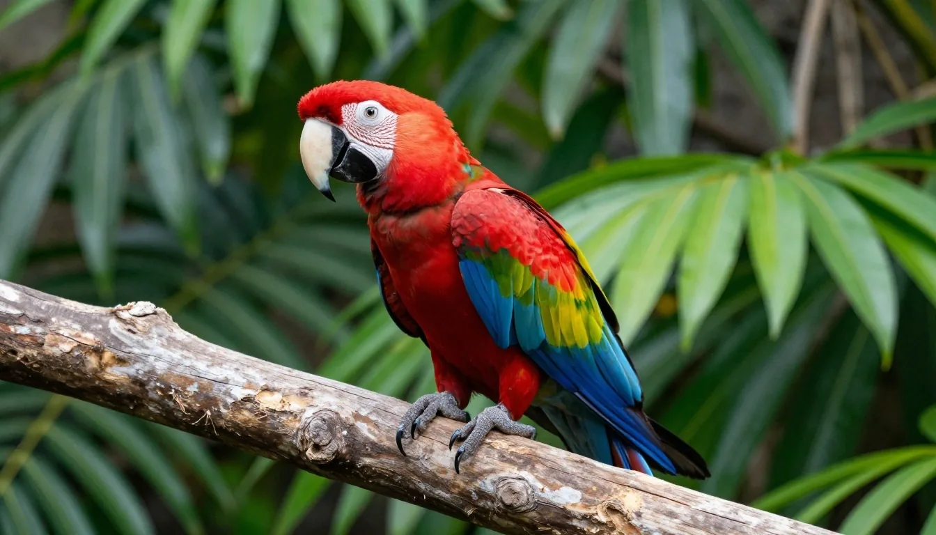 Primer plano de un guacamayo rojo posado sobre una rama entre vegetación tropical densa
