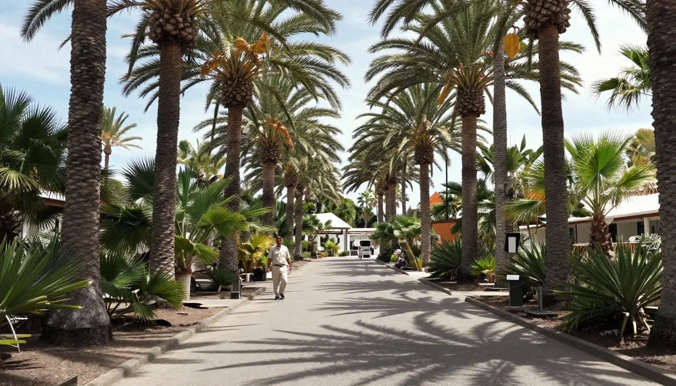 Paseo arbolado del parque con un cuidador caminando entre palmeras a mediodía