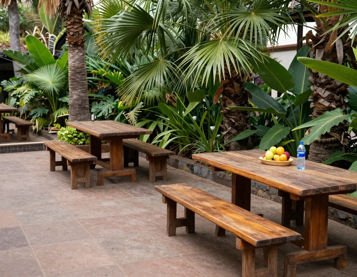 Terraza en sombra con mesas de madera, fruta y una botella de agua