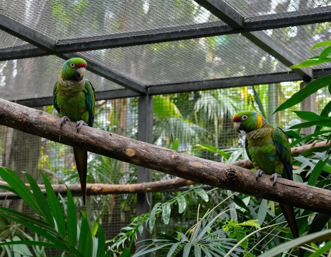 Guacamayos posados en la pasarela de un aviario de Loro Parque