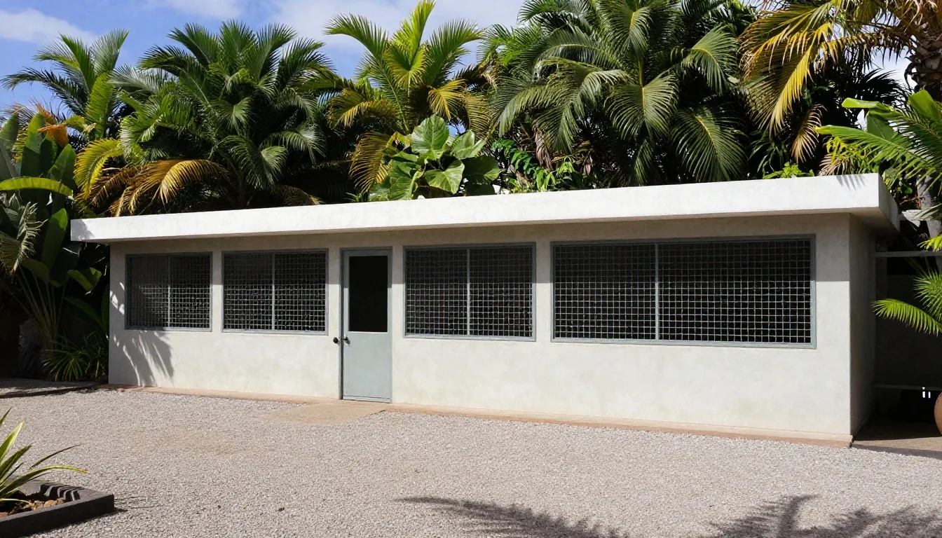 Exterior de un edificio bajo de hormigón cerca de la costa norte de Tenerife a mediodía, con vegetación tropical y luz atlántica sobre el suelo