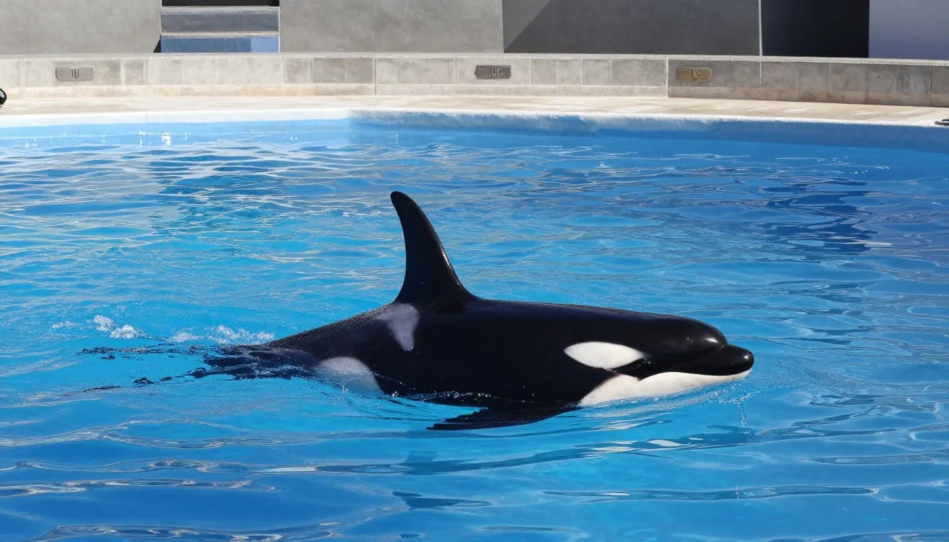 Aleta dorsal de una orca cortando la superficie del tanque en la sesión educativa