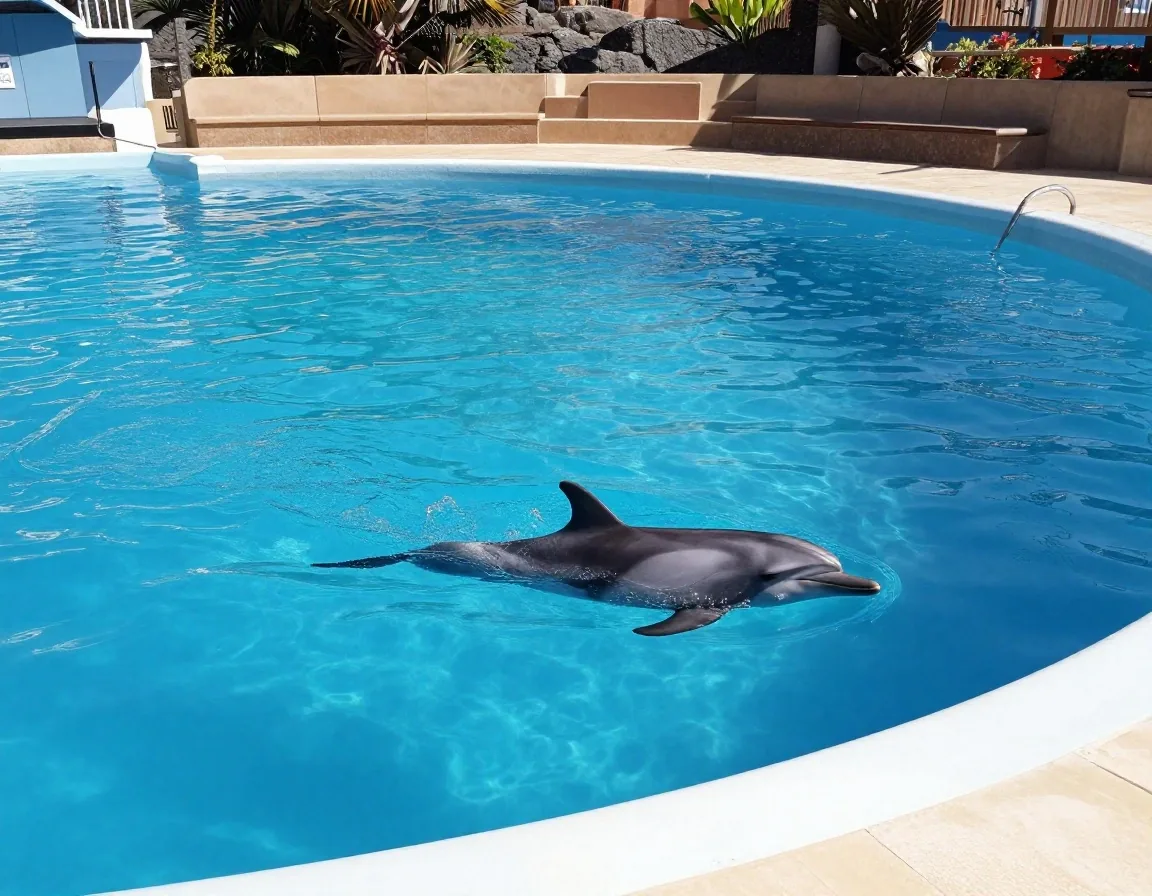 Delfines asomando en la piscina del delfinario vista desde las filas altas