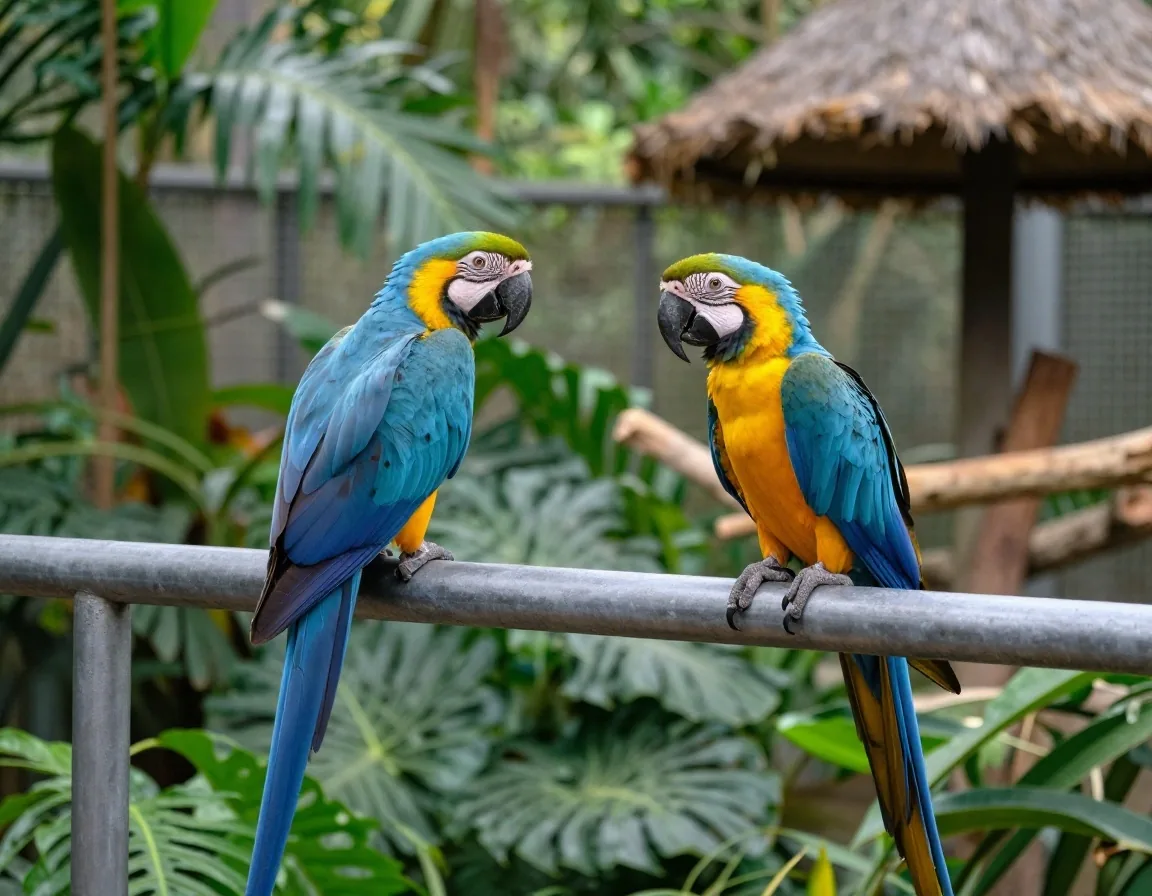 Dos guacamayos posados sobre una barandilla de acero en el aviario al mediodía