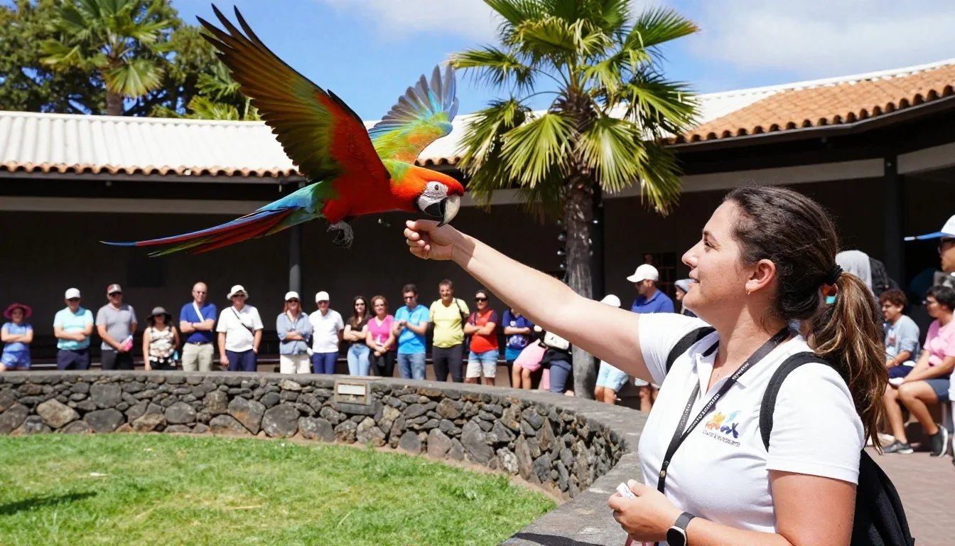 Presentación de aves en el anfiteatro de Loro Parque, con una cuidadora y un guacamayo ante el público