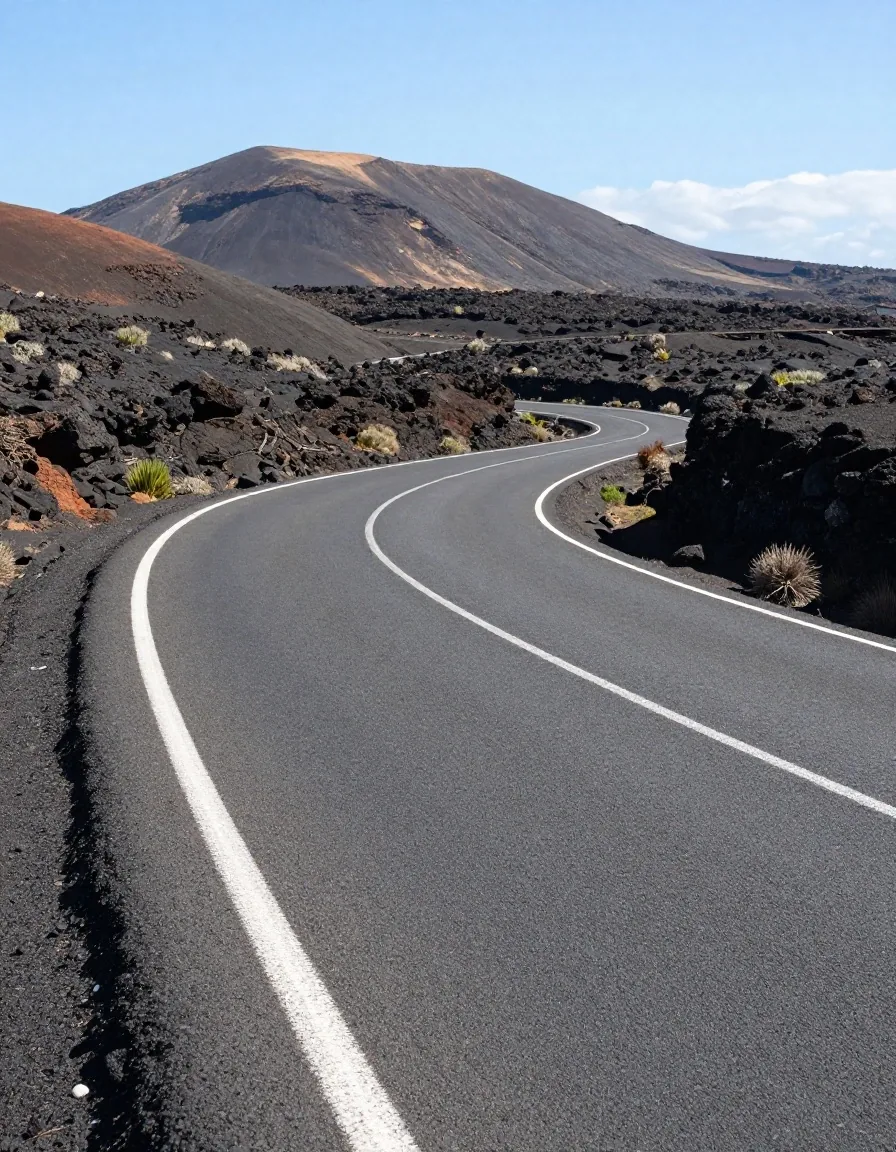 Carretera entre el paisaje volcánico de Tenerife bajo el sol del mediodía
