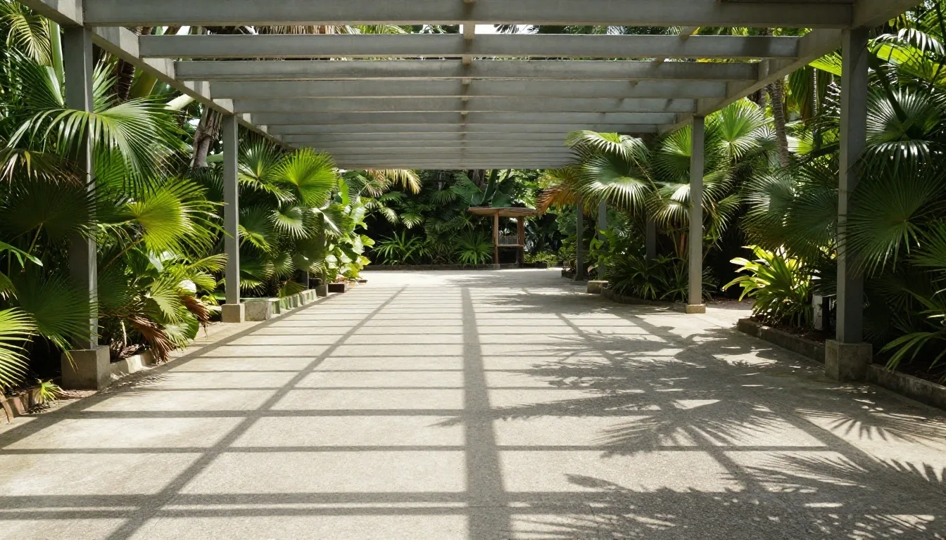 Sendero de hormigón y pérgola de acero bajo el sol del mediodía en el acceso del parque