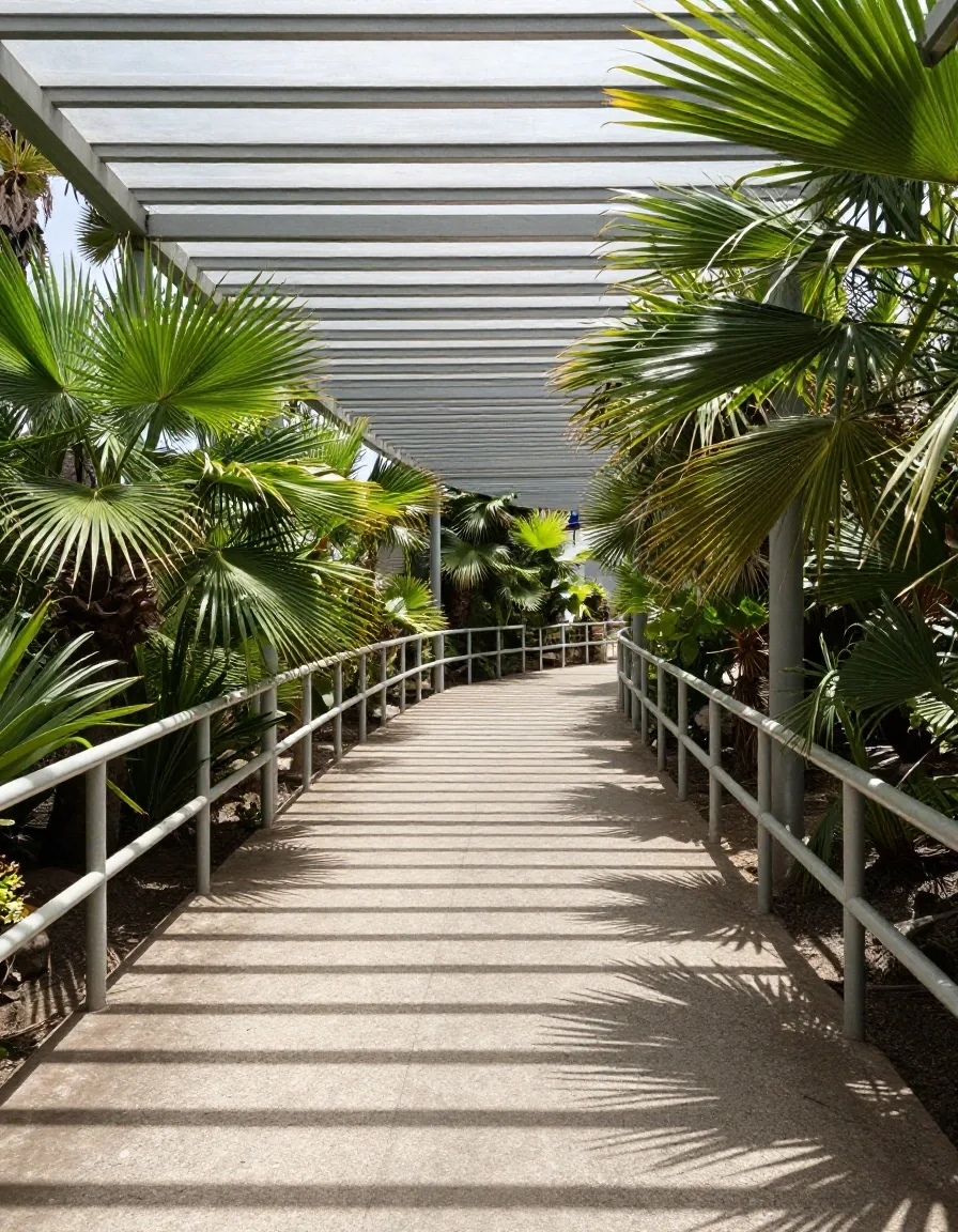 Estructura de acceso y camino de hormigón de un parque zoológico en Tenerife a mediodía