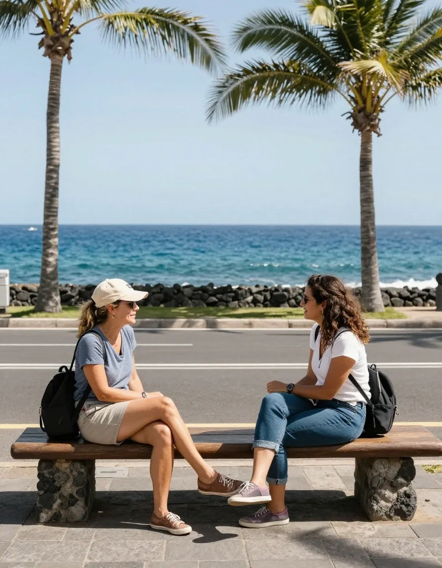 Dos redactoras de viajes revisando notas sobre el norte de Tenerife en un banco de Puerto de la Cruz