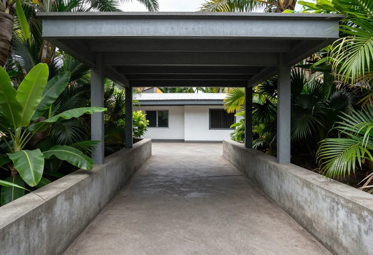 Pasarela de hormigón y pérgola de sombra en un recinto del norte de Tenerife a mediodía
