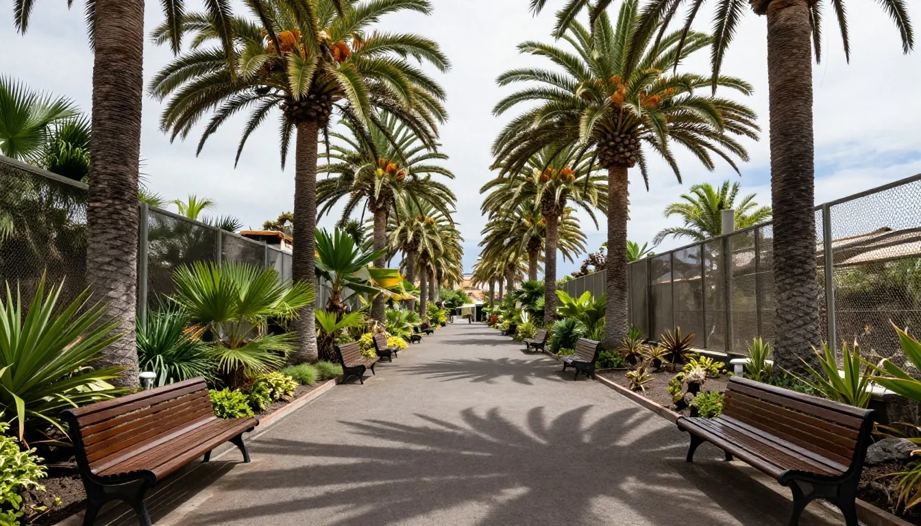 Paseo entre aviarios de un parque de aves en Tenerife a mediodía