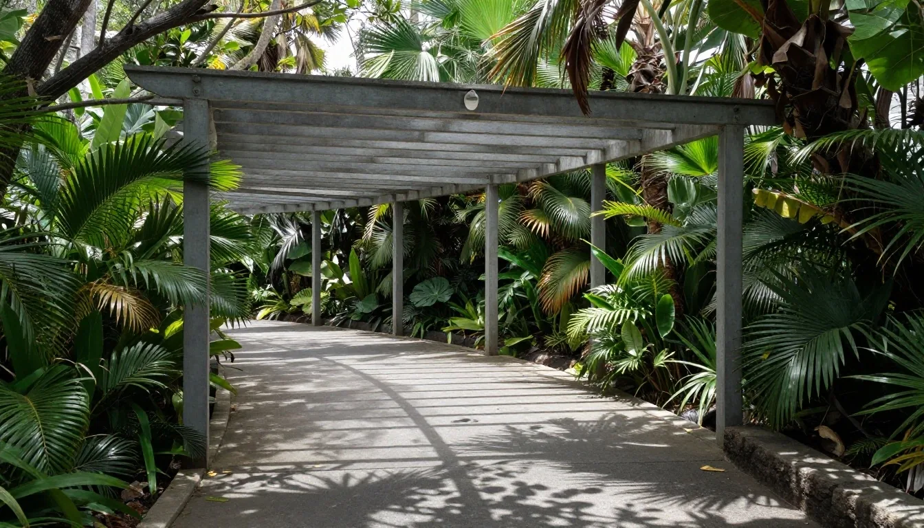 Pasarela de hormigón y pérgola de acero en una zona de paso del recinto, a mediodía